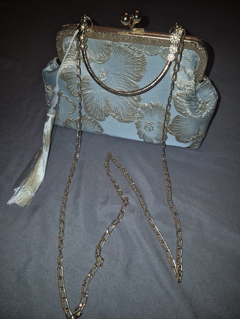 Vintage Jacquard Kiss Lock Evening Clutch Bag Blue Gold Top Handle Crossbody